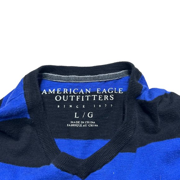 American Eagle Sweater Mens Large V Neck Colorblock Blue Black Long Sleeve - Picture 7 of 8